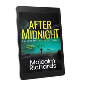 ebook cover for After Midnight, showing a sinister male figure walking along a dark road at night.
