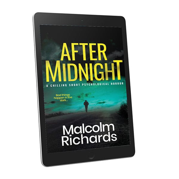 ebook cover for After Midnight, showing a sinister male figure walking along a dark road at night.