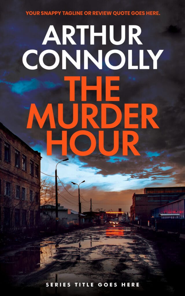 A hard-boiled crime fiction book cover showing a rainy back alley at sunset