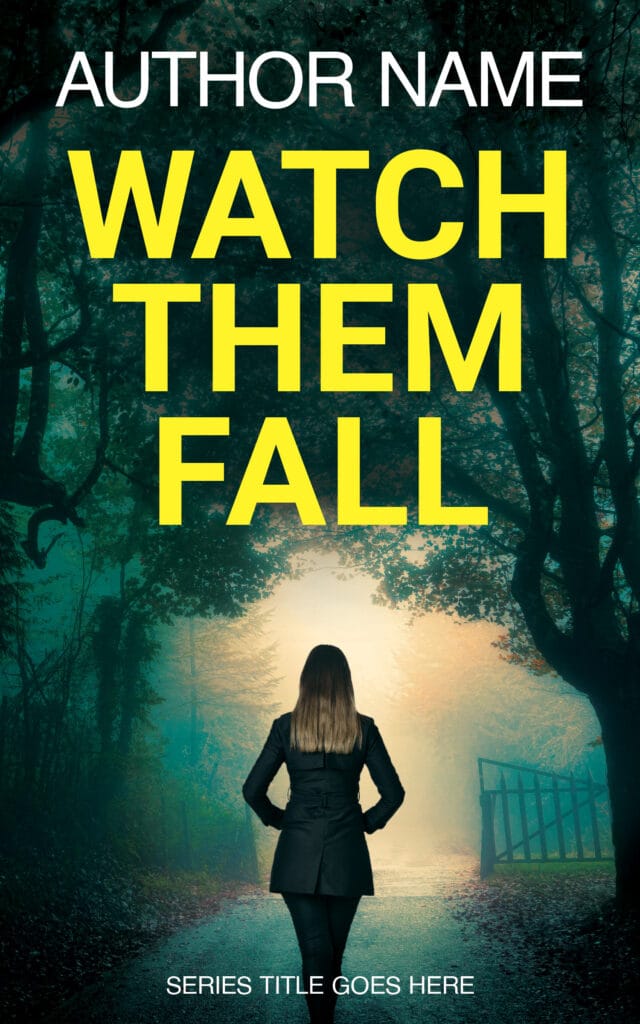 A crime thriller book cover showing a female detective walking towards an open gate