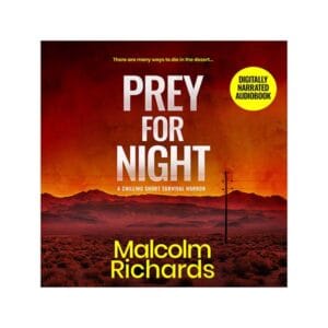 Audiobook cover for Prey for Night, showing a sprawling, ominous desert at sunset.