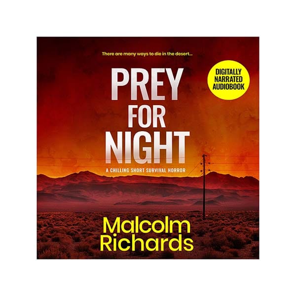 Audiobook cover for Prey for Night, showing a sprawling, ominous desert at sunset.