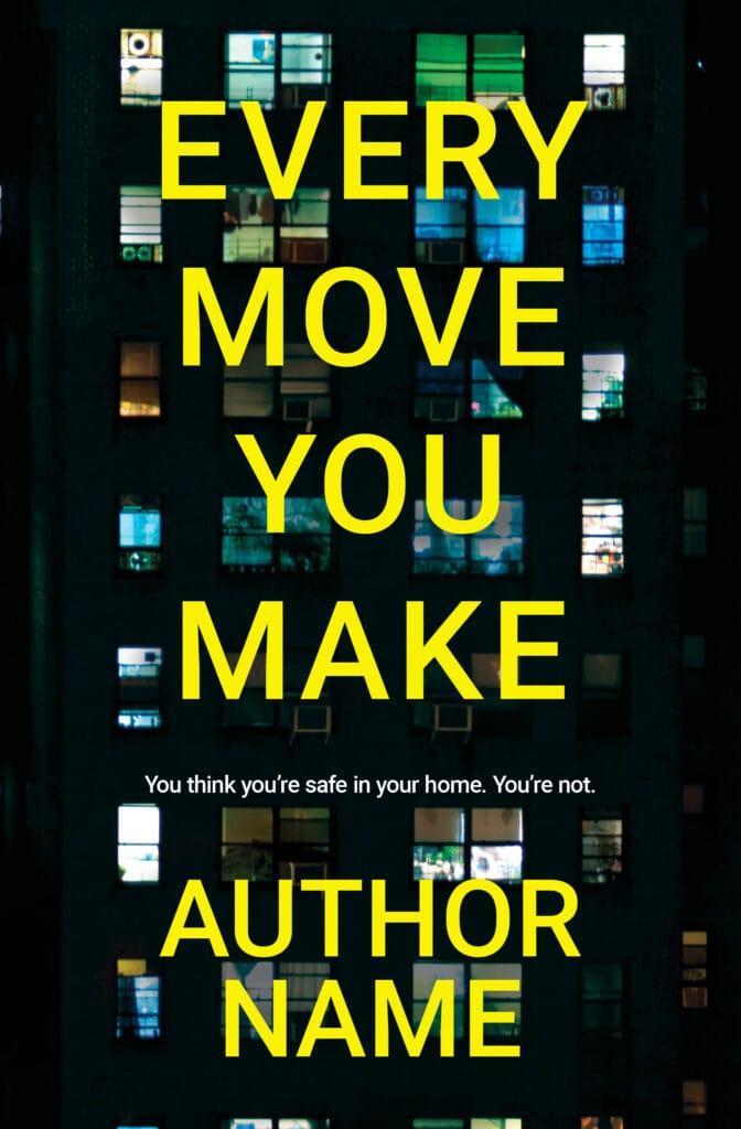 A psychological thriller book cover showing lit up apartment windows at night.