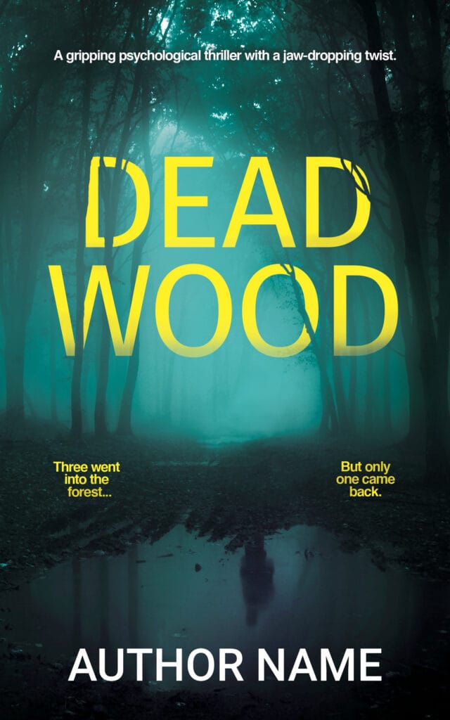 Psychological Thriller book cover showing a spooky woods and a reflection in water